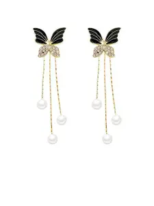 VAGHBHATT Gold-Plated Stone Studded And Pearls Beaded  Butterfly Shaped Drop Earrings