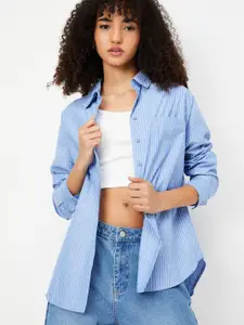 max Women Vertical Striped Spread Collar Cotton Casual Shirt