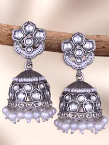 Sangria Silver-Plated Kundan-Studded & Beaded Oxidised Dome Shaped Jhumkas