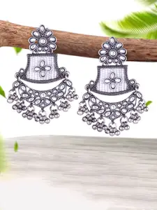 Sangria Silver-Plated Kundan-Studded Oxidised Drop Earrings