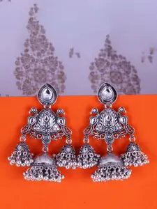 Sangria Silver-Plated Kundan-Studded Oxidised Jhumkas
