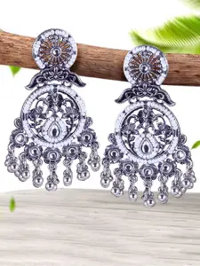 Sangria Silver-Plated Kundan-Studded Oxidised Drop Earrings