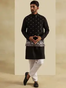SOJANYA Band Collar Sequinned Straight Kurta With Pyjama & Nehru Jacket
