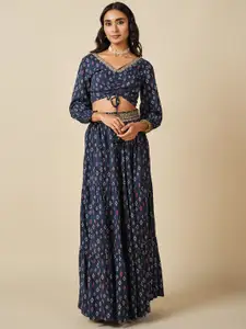 Global Desi Printed V-Neck Top With Skirt Co-Ords