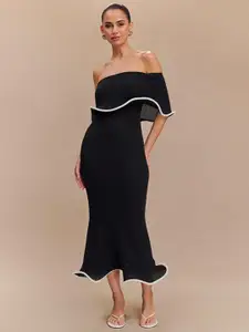 bebe Black Contrast Trim Off-Shoulder Bodycon Midi Dress