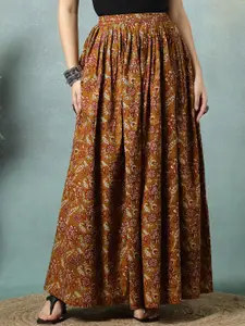 SUNEKH Ethnic Motif Printed Cotton Flared Maxi Skirt