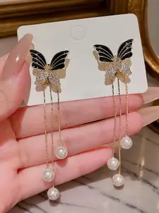 VAGHBHATT Gold-Plated Stone Studded And Pearls Beaded Butterfly Shaped Drop Earrings