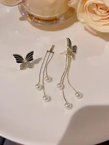 KRENOZ Gold-Plated Pearls Beaded & Rhinestone Studded Butterfly Shaped Drop Earrings