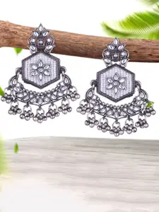 Sangria Silver-Plated Kundan-Studded Oxidised Drop Earrings