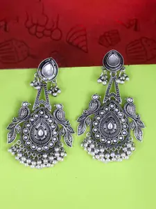 Sangria Silver-Plated Kundan-Studded Oxidised Drop Earrings