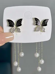 KRENOZ Gold-Plated Pearls Beaded & Rhinestone Studded Butterfly Shaped Drop Earrings