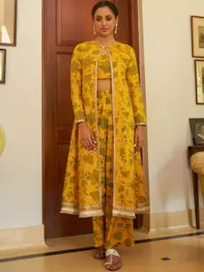 KALINI Women Floral Printed Cotton Top with Trouser & Jacket