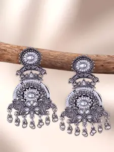 Sangria Silver-Plated Kundan-Studded & Beaded Oxidised Contemporary Shaped Drop Earrings