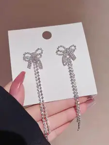 KRENOZ Silver-Plated Rhinestone Studded Bow Design Drop Earrings