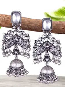 Sangria Silver-Plated Kundan-Studded Oxidised Jhumkas