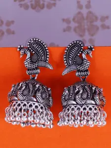 Sangria Silver-Plated Peacock-Shaped Oxidised Jhumkas