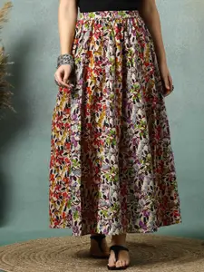 SUNEKH Floral Printed Cotton Flared Maxi Skirt