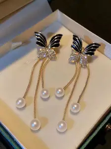 VAGHBHATT Gold-Plated Pearls Beaded & Rhinestone Studded Butterfly Shaped Drop Earrings