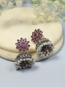 Biba Brass-Plated Dome Shaped Artificial Stones Studded and Beaded Jhumkas