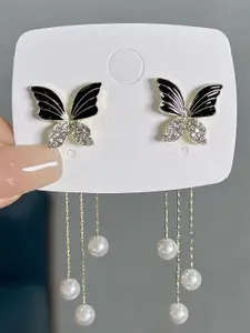 VAGHBHATT Gold-Plated Pearls Beaded & Rhinestone Studded Butterfly Shaped Drop Earrings