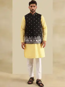 SOJANYA Geometric Embroidered Mandarin Collar Cotton Kurta With Pyjamas & Nehru Jacket
