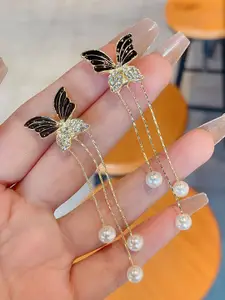 KRENOZ Gold-Plated Pearls Beaded & Rhinestone Studded Butterfly Shaped Drop Earrings