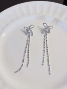 KRENOZ Silver -Plated Rhinestones Studded Contemporary Shaped Drop Earrings