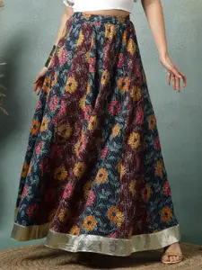SUNEKH Floral Printed Cotton Flared Maxi Skirt