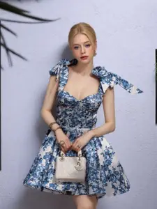 bebe Floral Print Sweetheart Neck Tie Shoulder Fit & Flare Mini Dress