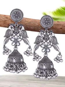 Sangria Silver-Plated Kundan-Studded Oxidised Jhumkas