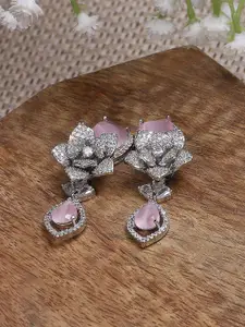 Biba Silver-Plated Artificial Stones Studded Floral Shaped Drop Earrings