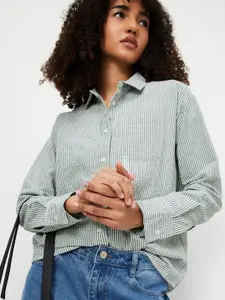 max Women Vertical Striped Spread Collar Cotton Casual Shirt