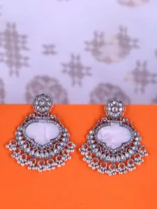 Sangria Silver-Plated Kundan-Studded & Beaded Oxidised Contemporary Shaped Drop Earrings