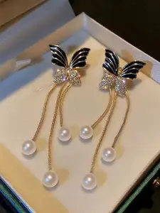 KRENOZ Gold-Plated Pearls Beaded & Rhinestone Studded Butterfly Shaped Drop Earrings