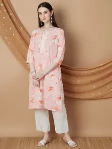 Melange by Lifestyle Floral Printed Sequinned Notch Neck Straight Kurta