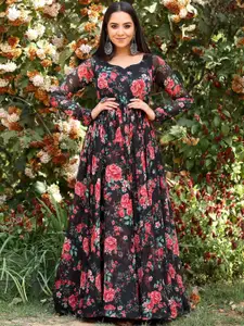 BAESD Women Floral Printed Sweetheart Neck Georgette Gown Maxi Dress