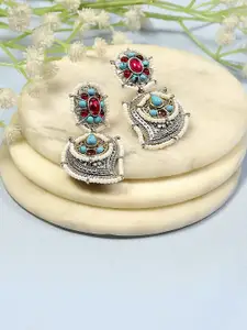 Biba Silver-Plated Stones Studded & Beaded Paisley Shaped Oxidised Drop Earrings