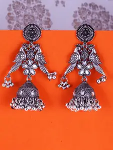 Sangria Silver-Plated Kundan-Studded & Beaded Oxidised Dome Shaped Jhumkas
