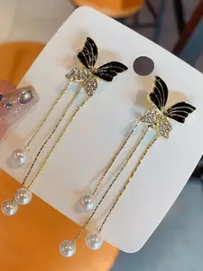 VAGHBHATT Gold-Plated Pearls Beaded & Rhinestone Studded Butterfly Shaped Drop Earrings