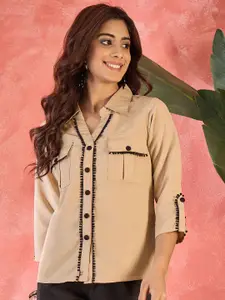 Sangria Lace-Insert Detail Collared Shirt Style Top