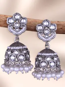 Sangria Silver-Plated Kundan-Studded & Beaded Oxidised Dome Shaped Jhumkas