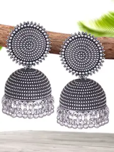 Sangria Silver-Plated Beaded Oxidised Dome Shaped Jhumkas