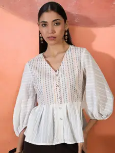 Sangria Women Geometric Printed Puff Sleeve Peplum Top