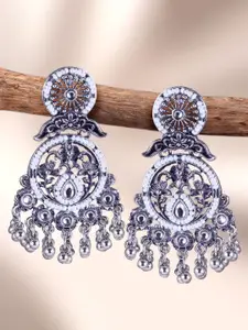 Sangria Silver-Plated Kundan-Studded & Beaded Oxidised Contemporary Shaped Drop Earrings