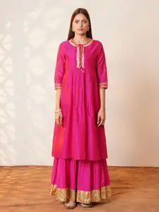 JAYPORE Floral Embroidered Sequinned A-Line Cotton Silk Kurta