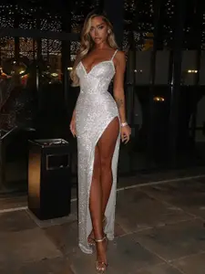 bebe Women Embellished Shoulder Straps Slits Bodycon Maxi Dress