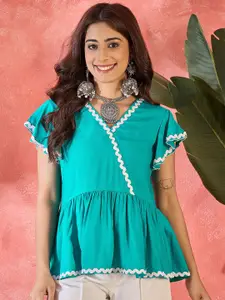 Sangria Women Ruffle V-Neck Flutter Sleeve Peplum Top