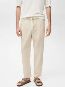 MANGO MAN Linen Cotton Slim Fit Pleated Trousers