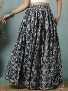 SUNEKH Procian Printed Cotton Flared Maxi Skirt