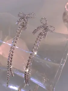 KRENOZ Silver -Plated Rhinestones Studded Contemporary Shaped Drop Earrings